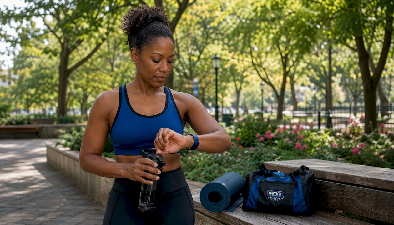 Woman preparing for fitness session outside Bronx gym