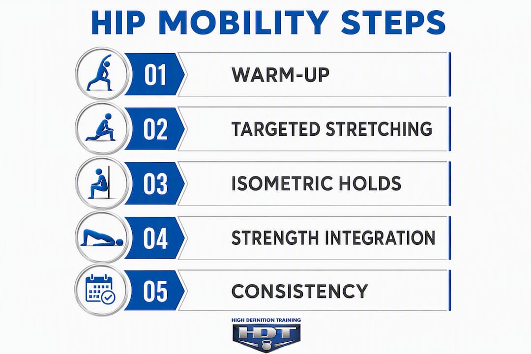Infographic illustrating hip mobility exercise steps