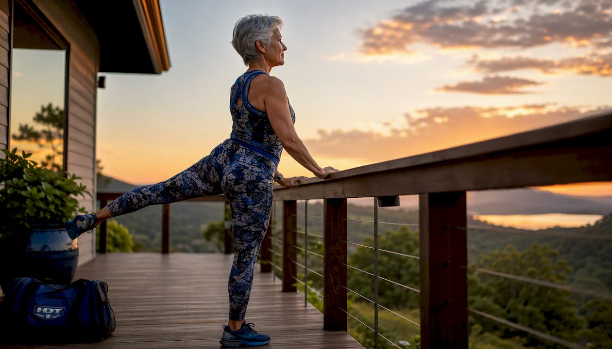 Senior woman stretching hip at home kitchen