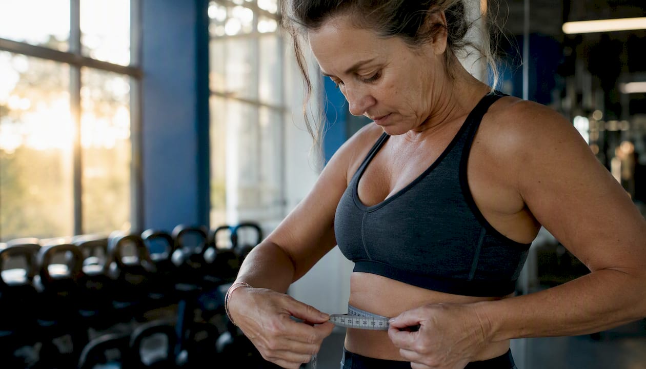 Woman measuring waist with tape in gym
