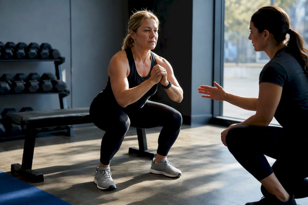 Woman practicing a coached box squat during a menopause belly fat workout