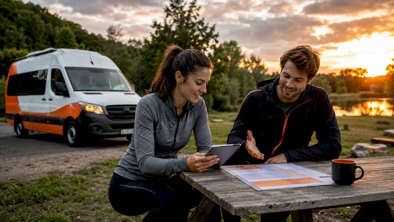 Couple reviewing rental car cost comparison outdoors