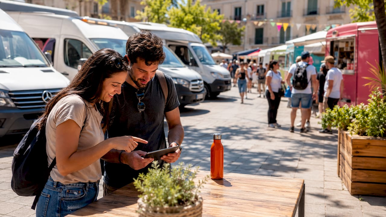 People checking event guide near rental vans outdoors