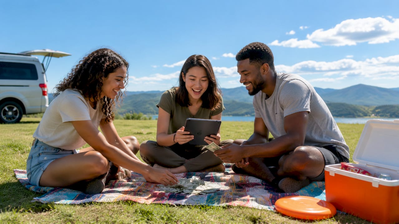 Hands sharing van rental costs outdoors