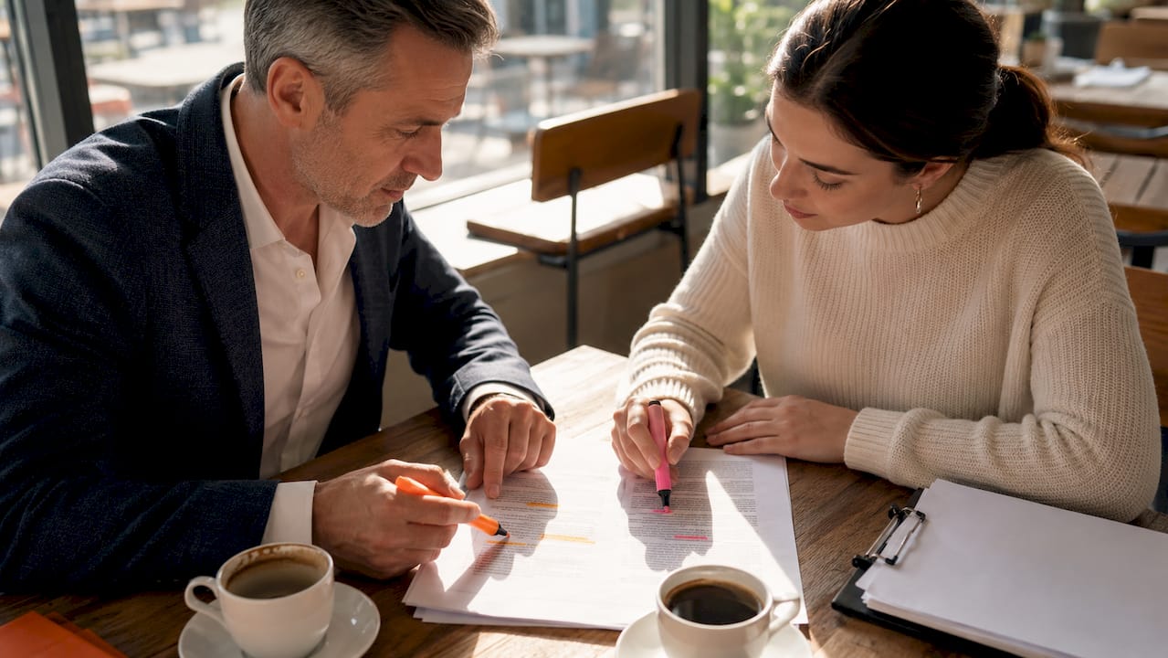 Two professionals reviewing van rental discount papers