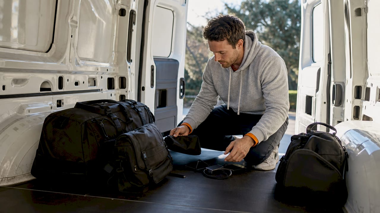 Organized cargo area with packed travel bags and tech pouch
