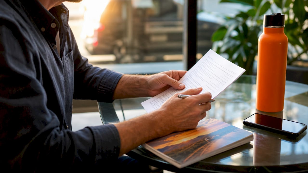 Hands holding one-way van rental contract