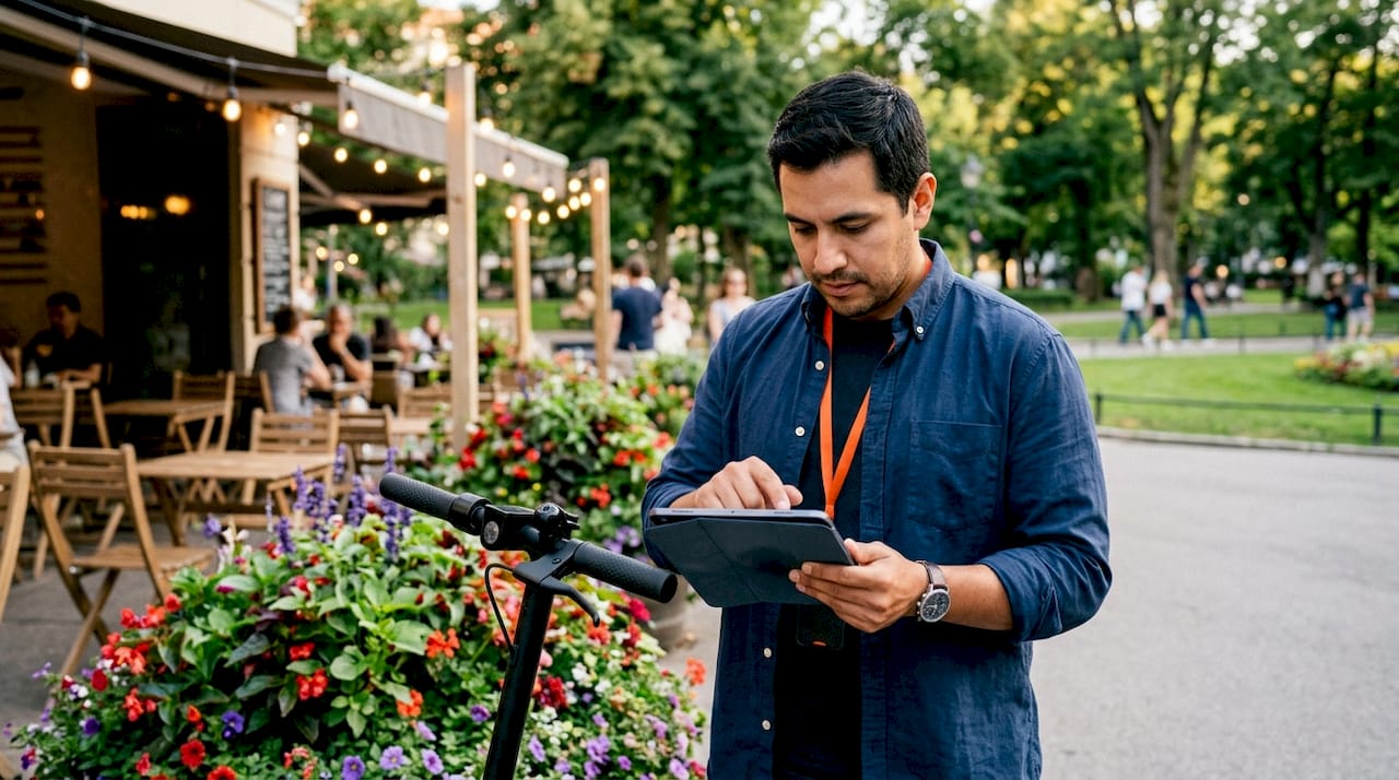 Man reserving van rental on tablet outdoors