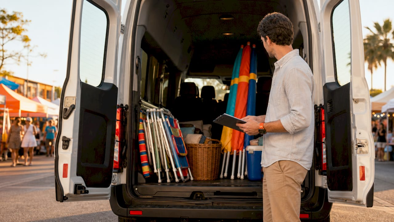 Man inspecting Ford Transit van interior cargo space