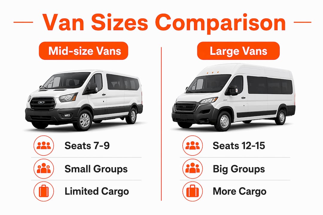 Infographic comparing mid-size and large rental vans