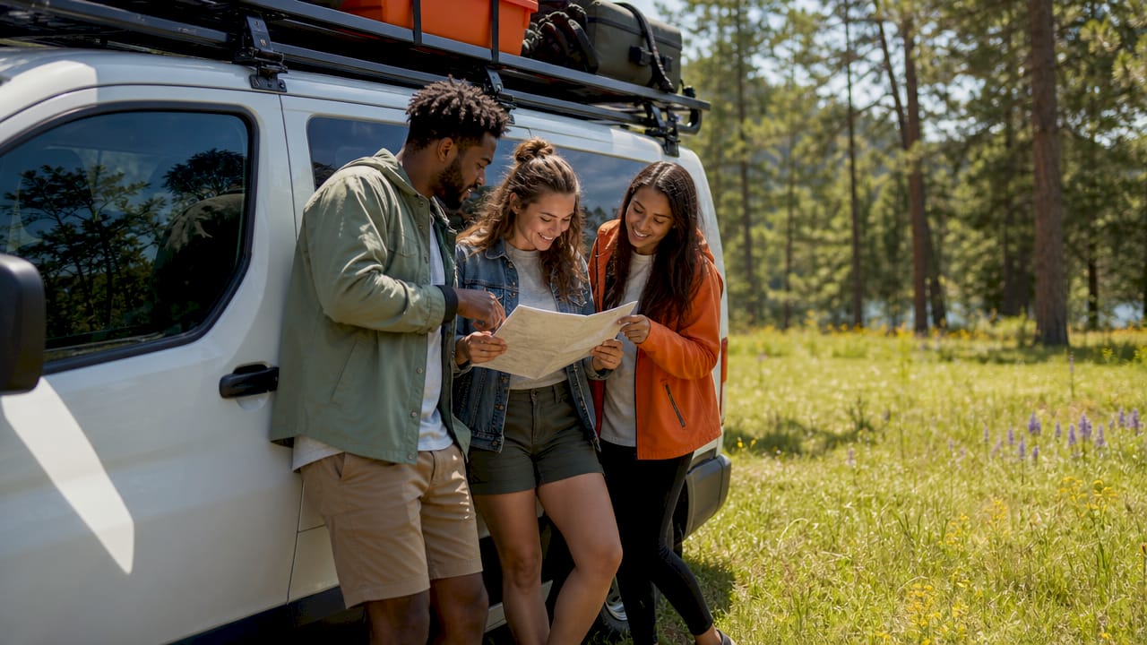 Three friends planning trip by van outside in evening