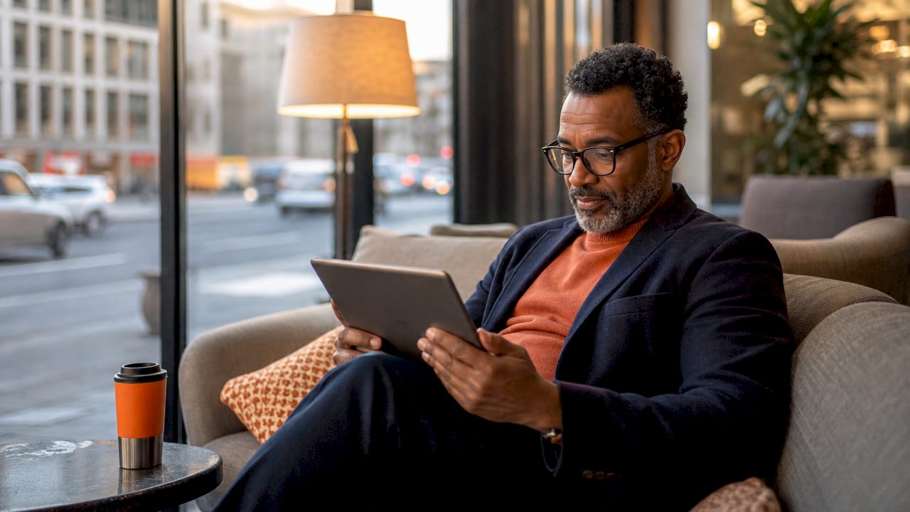 Hands navigating corporate travel booking platform tablet