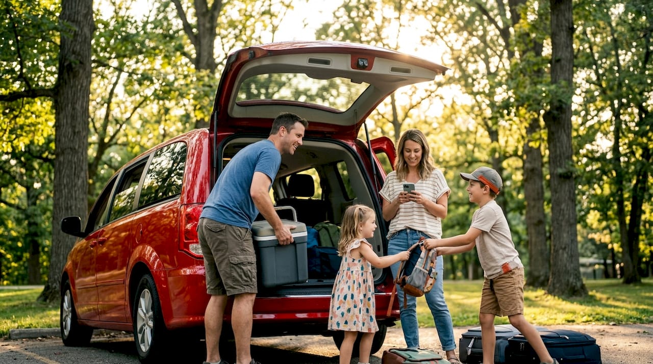 Family packing luggage in 7-seat minivan