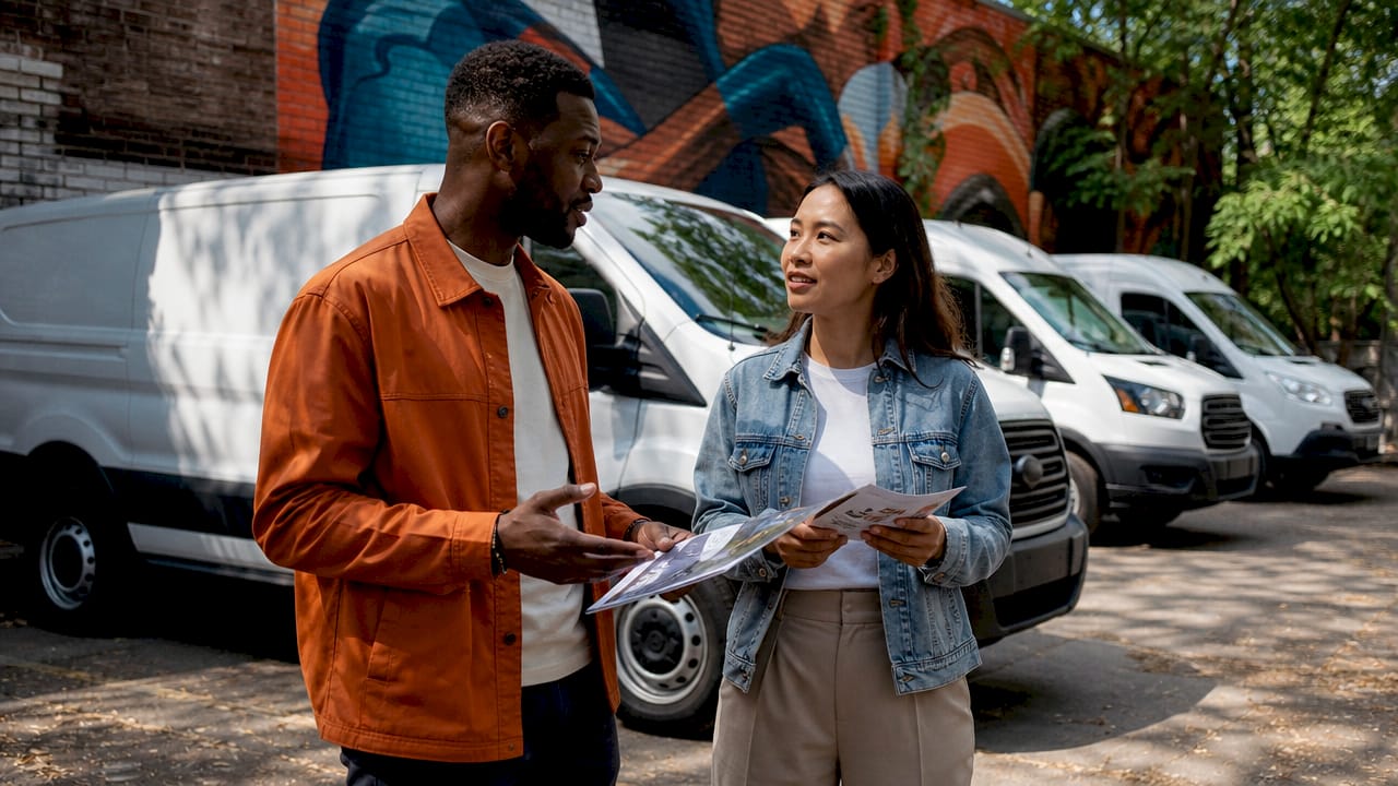 Two professionals discussing van fleet options outdoors