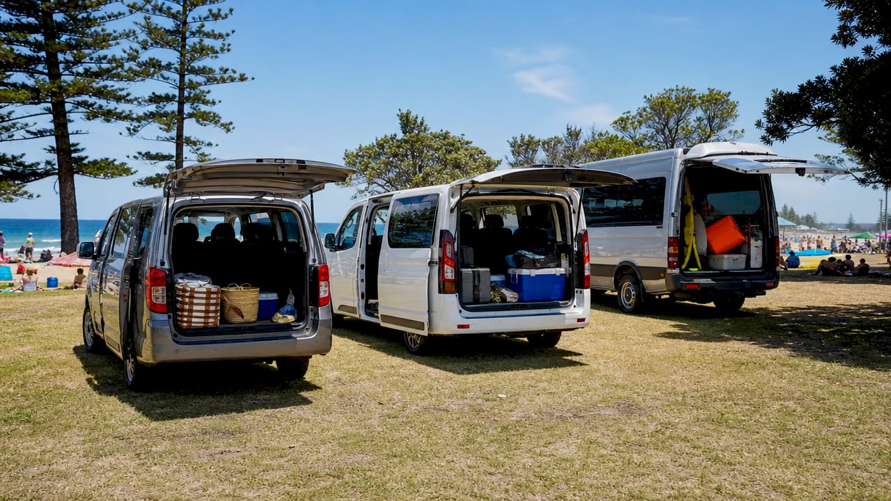 Overhead view of various van sizes with beach gear