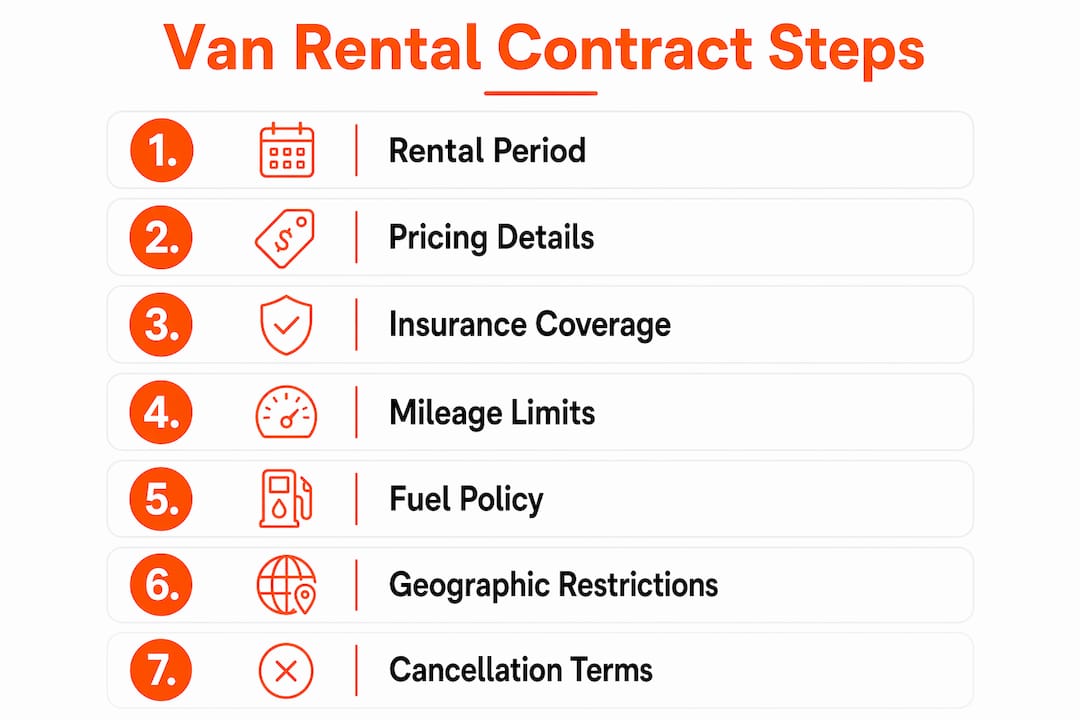 Infographic of seven key van rental contract terms