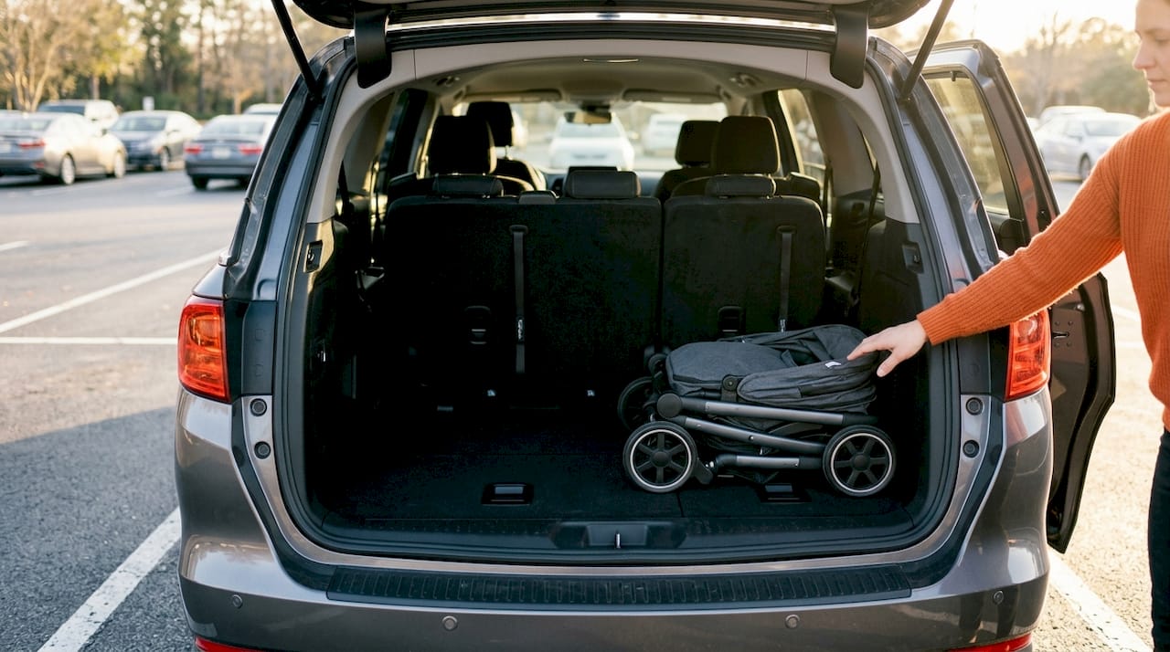 Open minivan rear cargo door showing stroller space