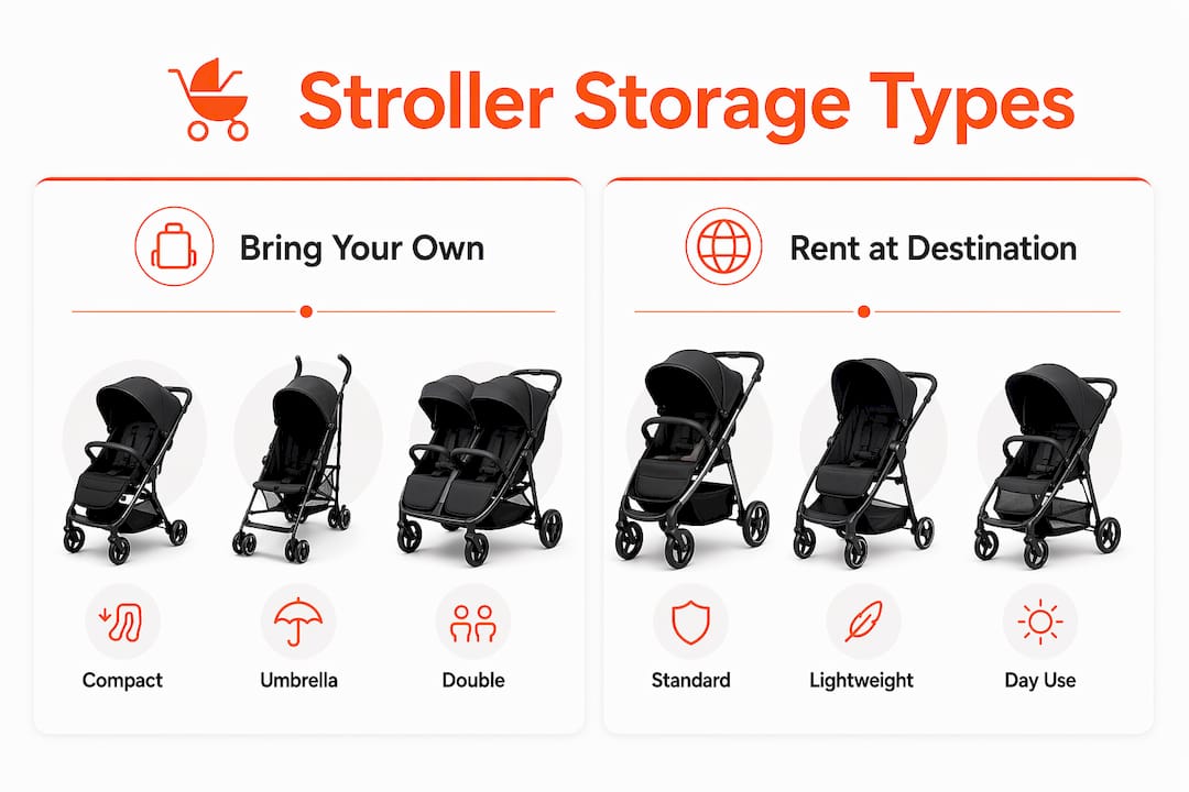 Infographic comparing stroller storage types in rental vans