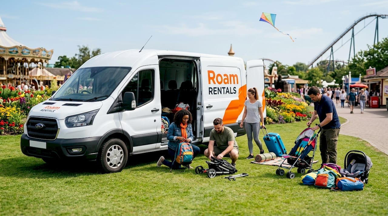 Family unloading rental van at theme park parking lot