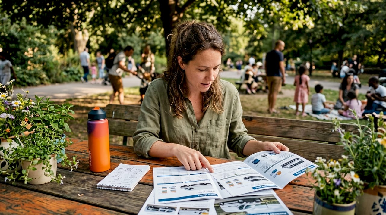 Hands examining van rental brochures at café table