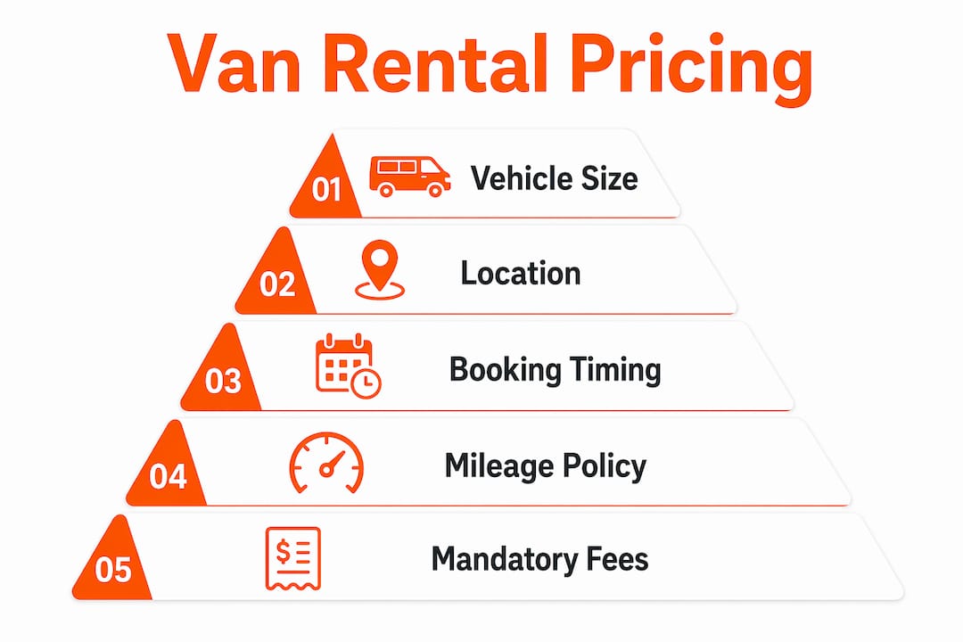 Infographic showing hierarchy of van rental pricing factors