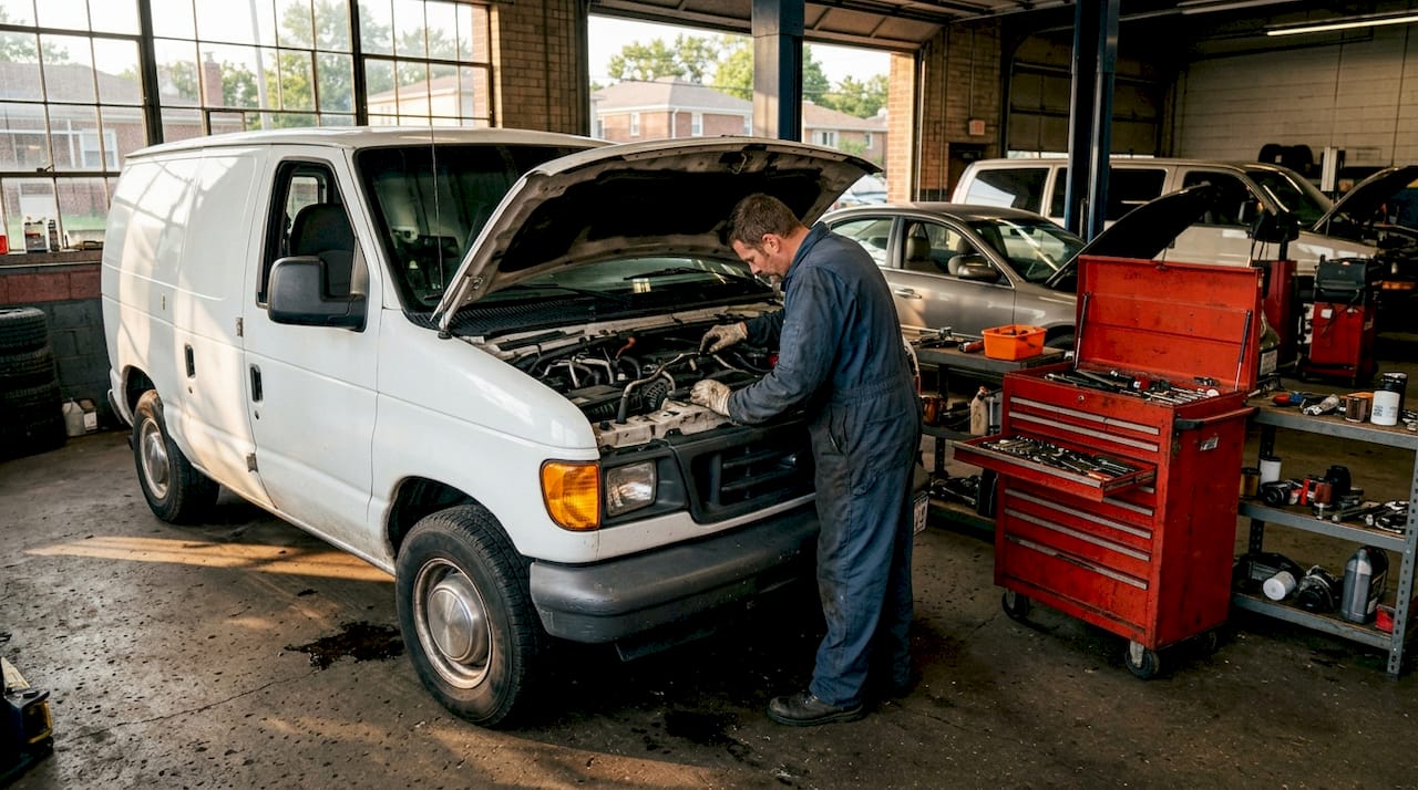 Mechanic repairing rental van engine