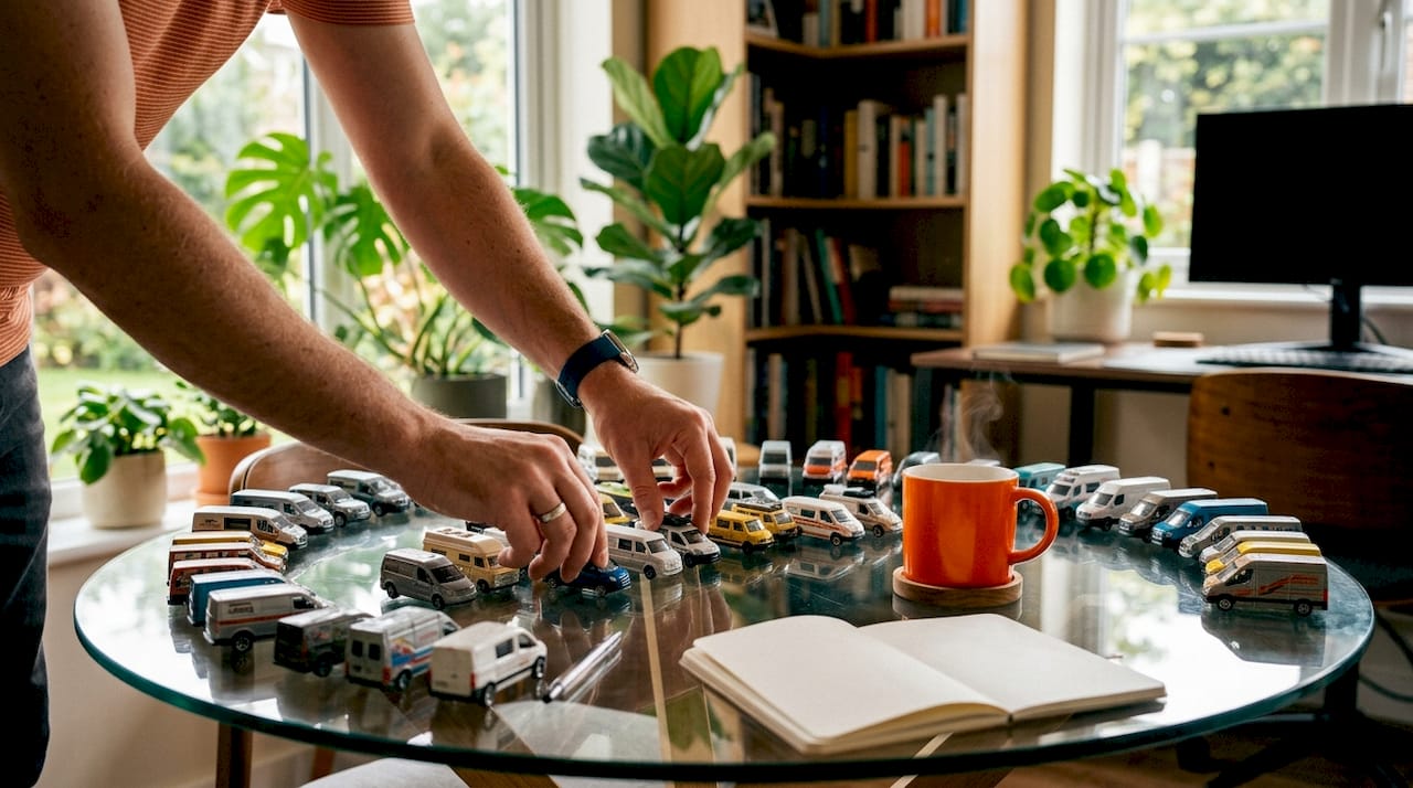 Hands organizing van models for fleet planning