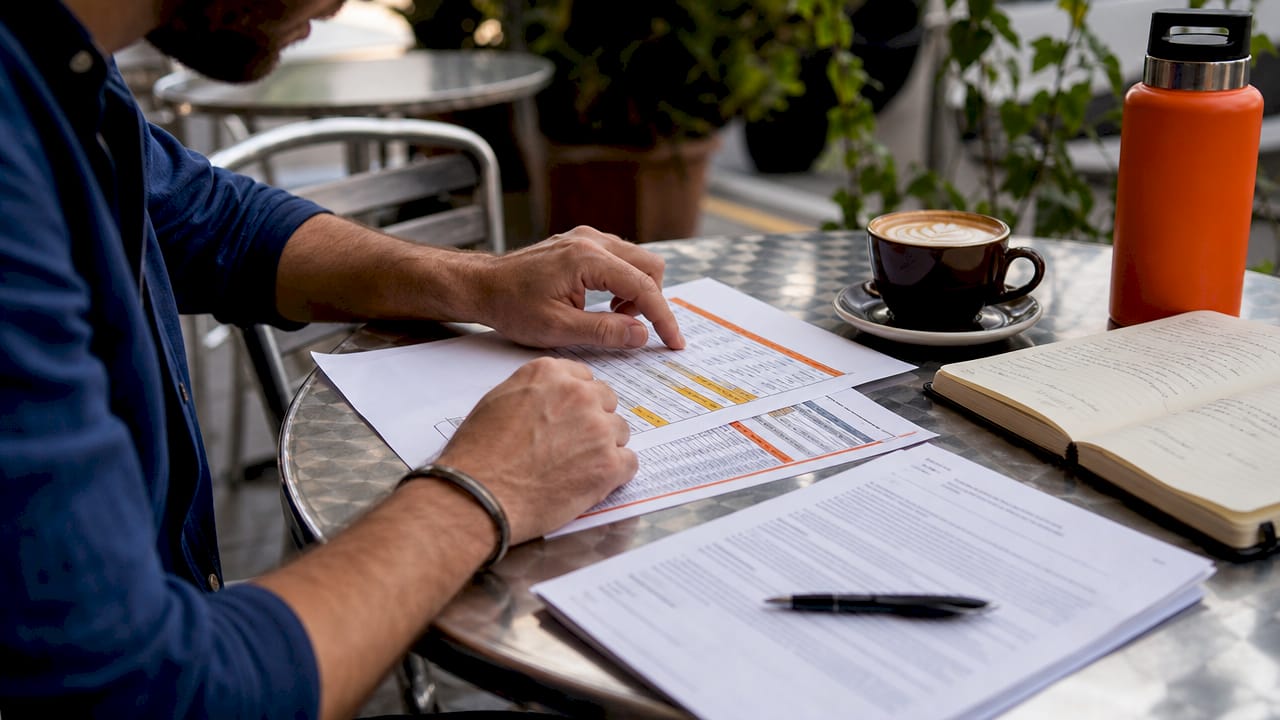 Hands comparing van rental cost documents at café table