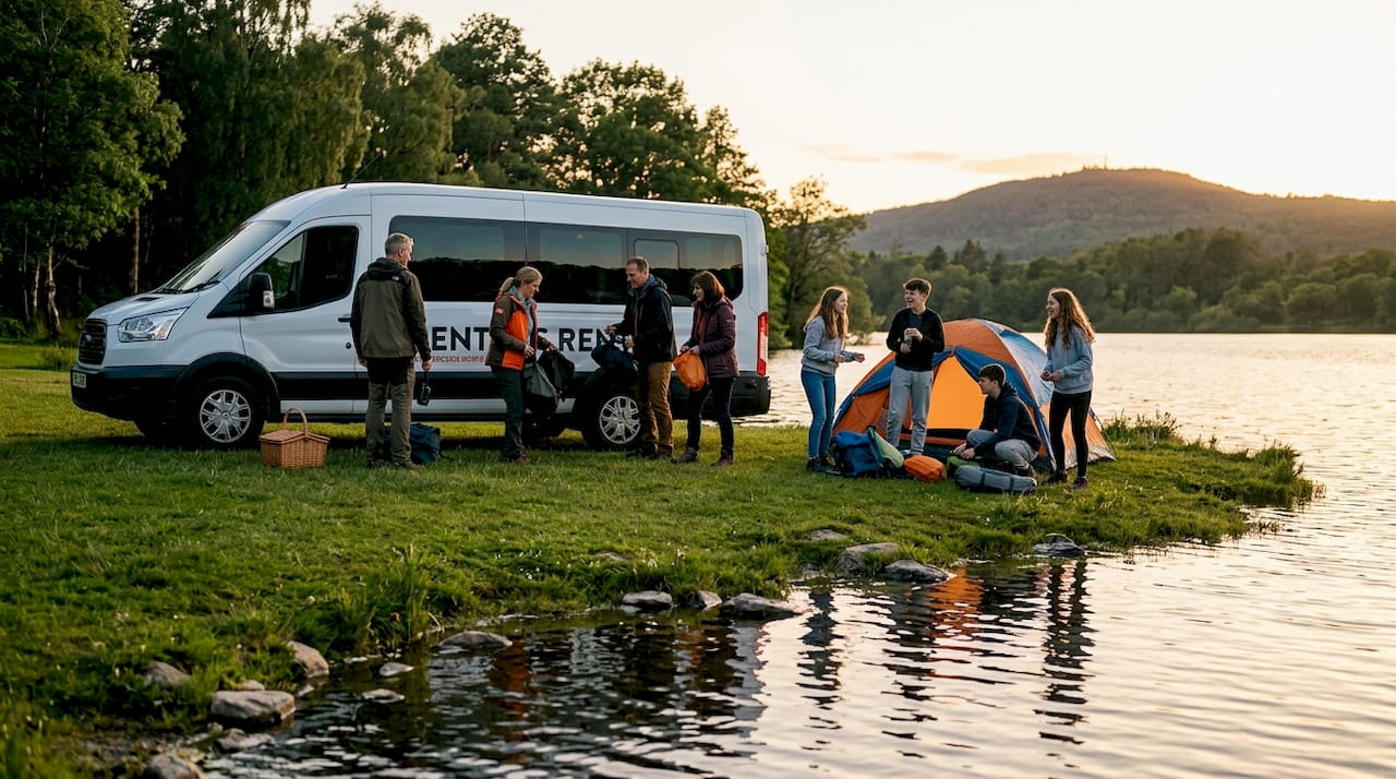 Extended family preparing large van for trip