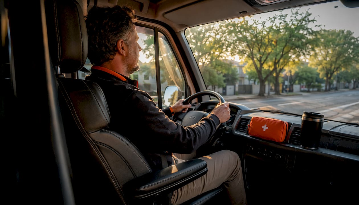 Man driving van with ergonomic seating on city street