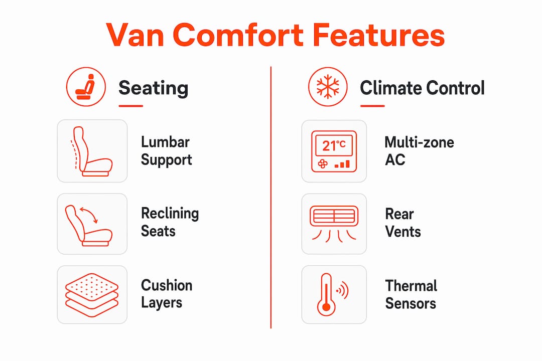 Infographic comparing seating and climate control features for van comfort