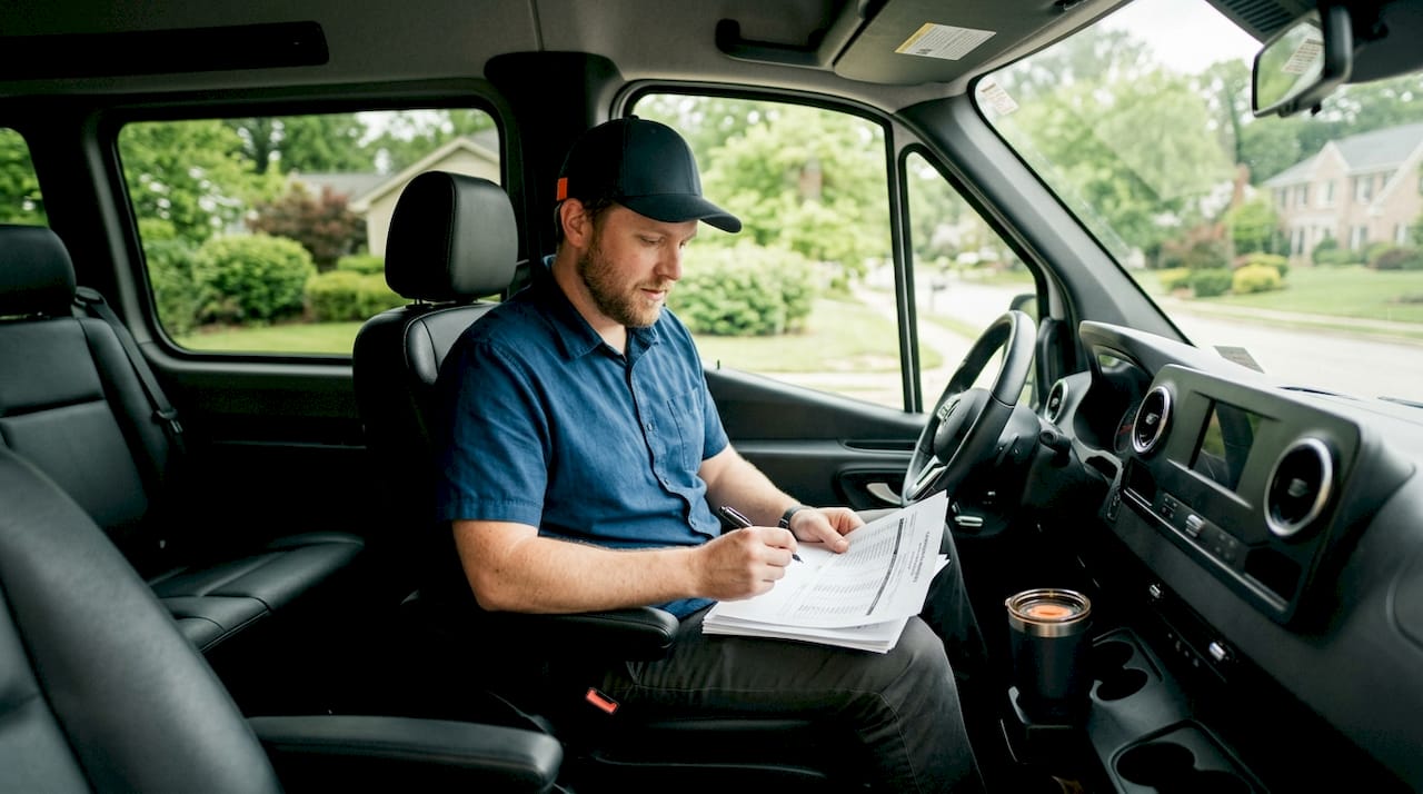 Transport coordinator checking passenger list inside van