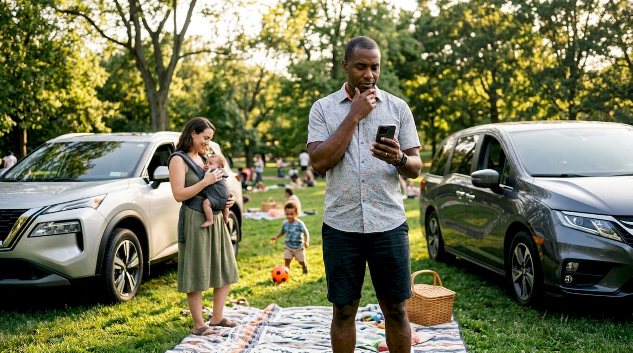 Father comparing rental car sizes at home driveway