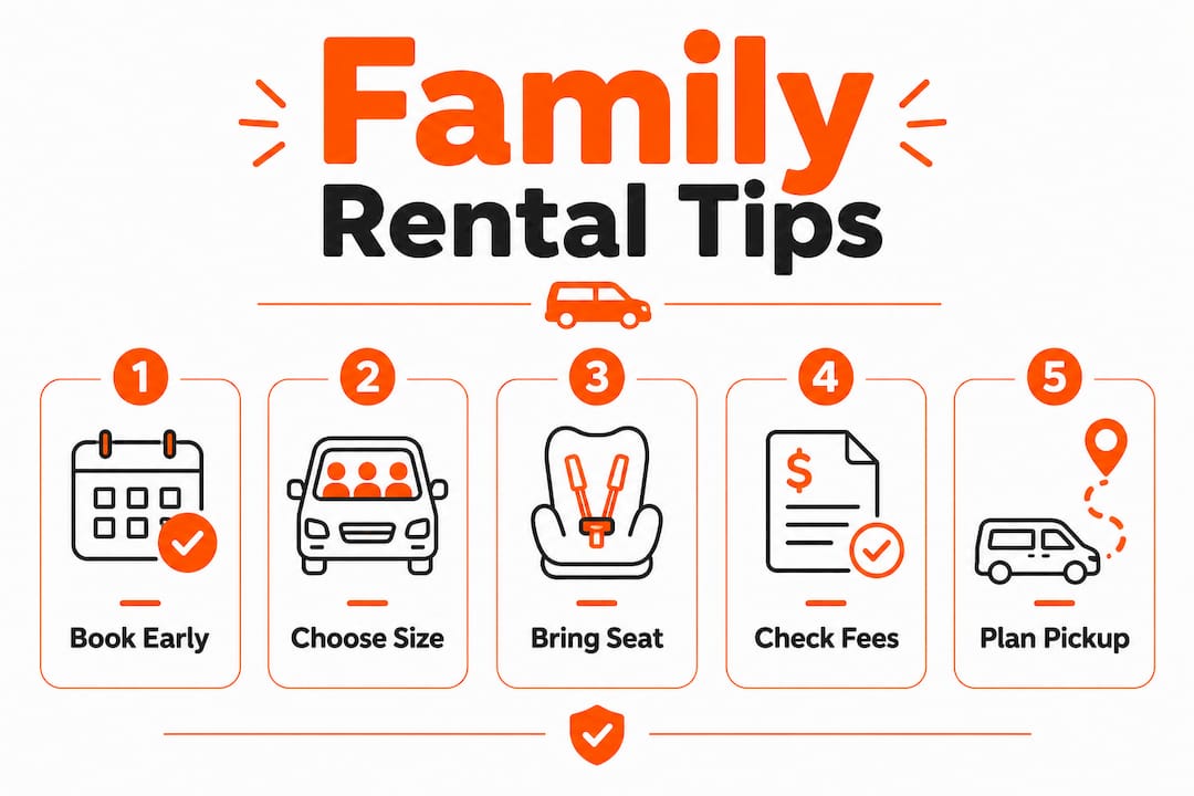 Infographic of five family rental car tips illustrated with numbered steps
