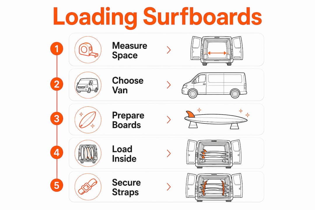 Infographic illustrating steps for loading surfboards in van
