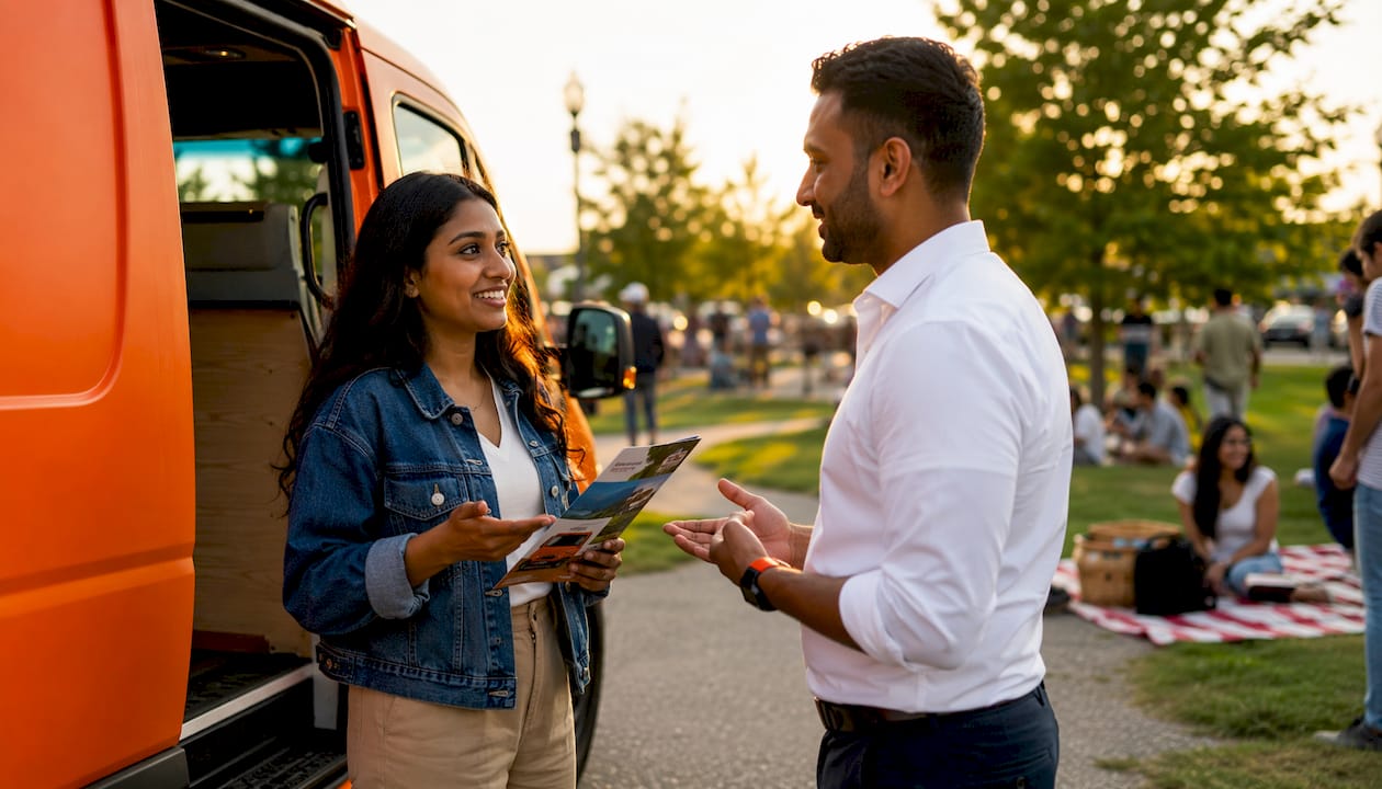 Woman discussing van rental add-ons outdoors