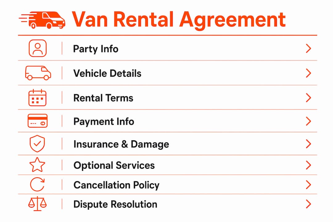 Infographic outlining van rental agreement key components