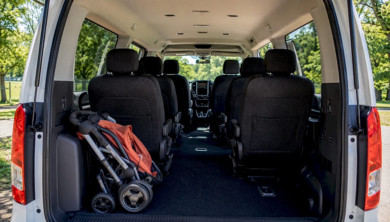Minivan interior with family seating layout
