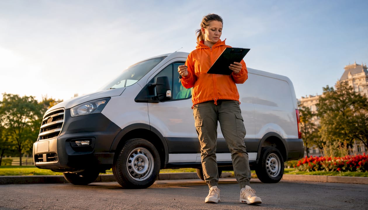 Person preparing rental van for trip