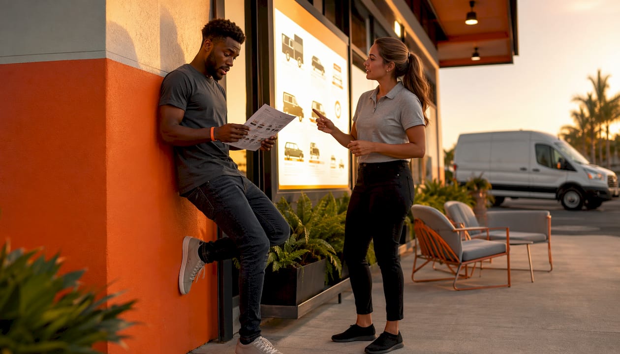 Customer discussing van rental add-on pricing