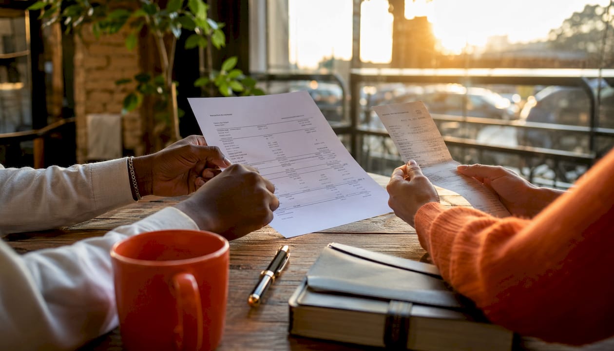 Hands reviewing van rental billing paperwork