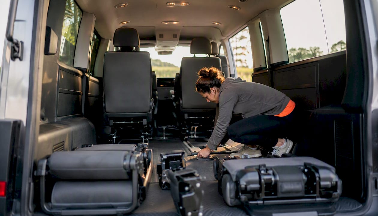 Inside view of Sprinter van with removable seats