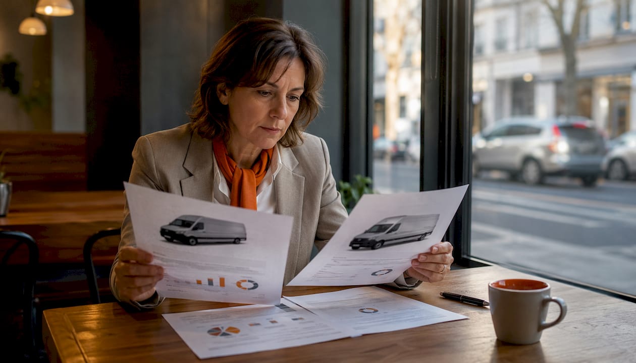 Woman reviewing Sprinter rental vs purchase documents