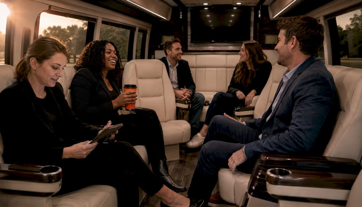 Business group seated inside executive Sprinter van