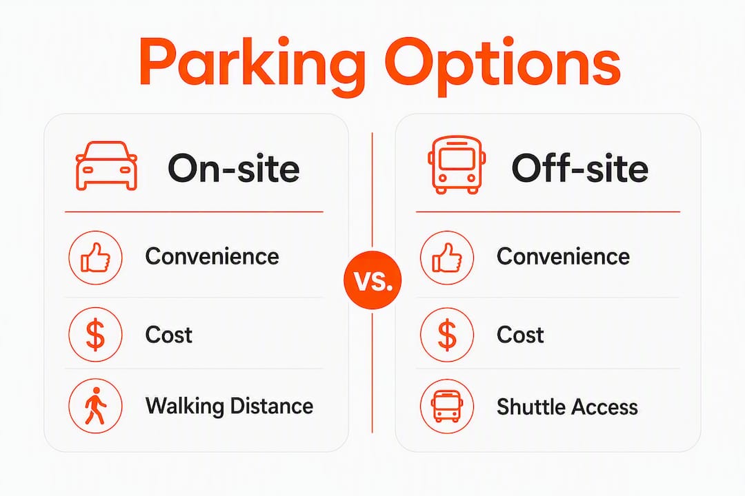 Infographic comparing on-site vs off-site parking
