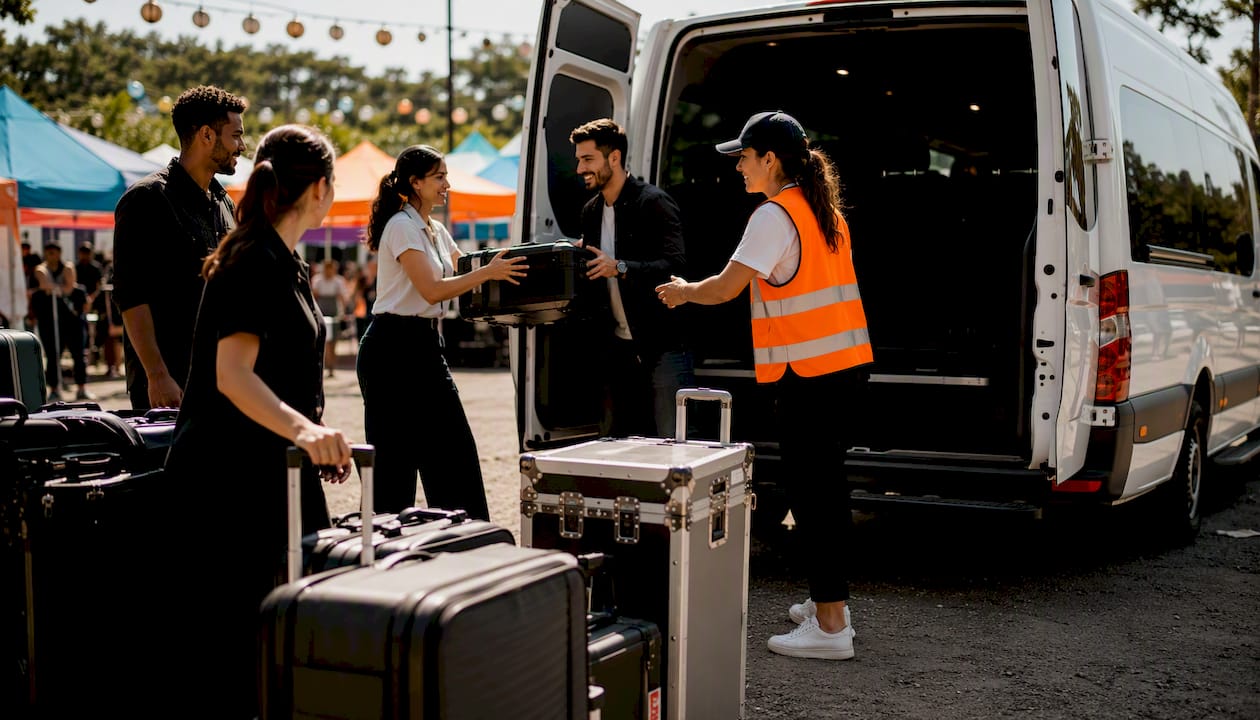 Staff loading luggage into event van outdoors