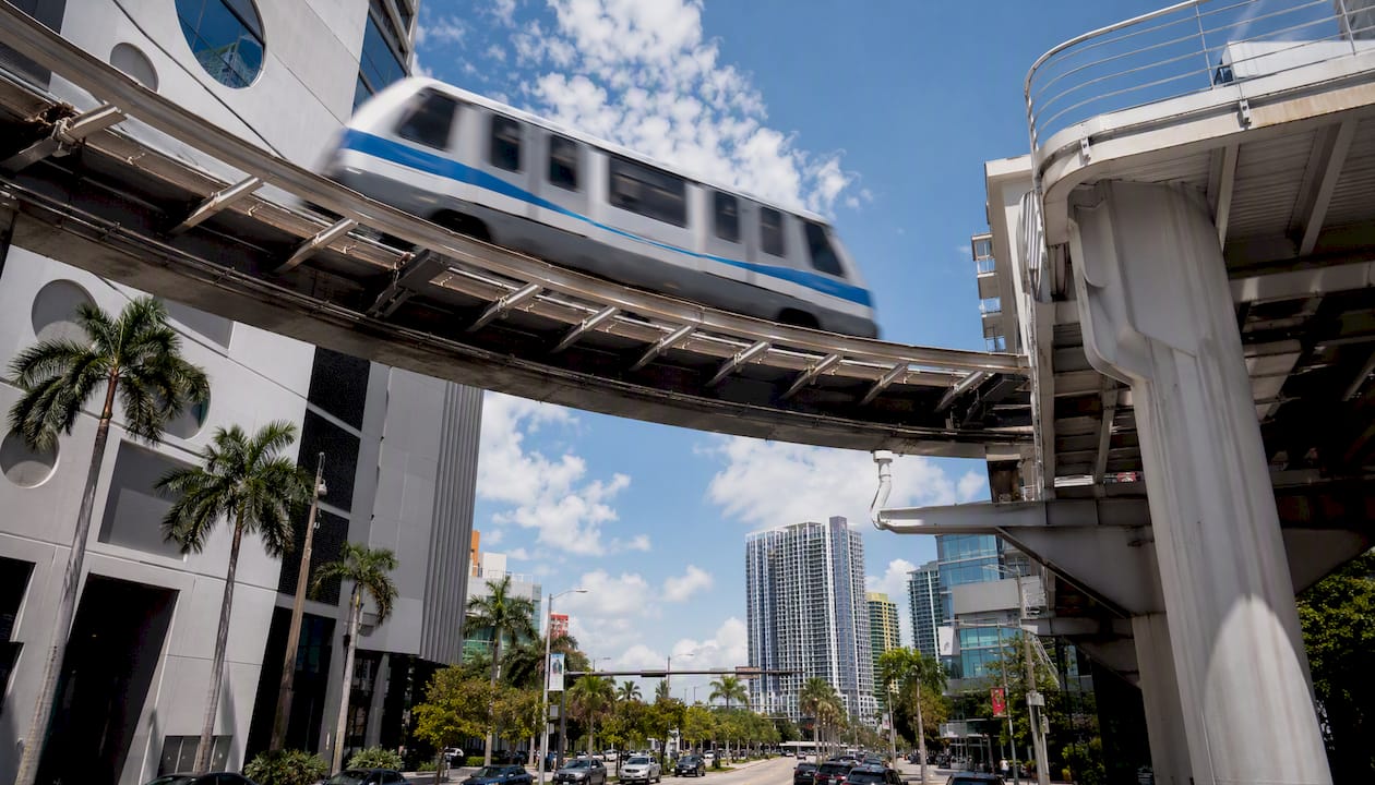 Elevated Metromover train looping downtown Miami