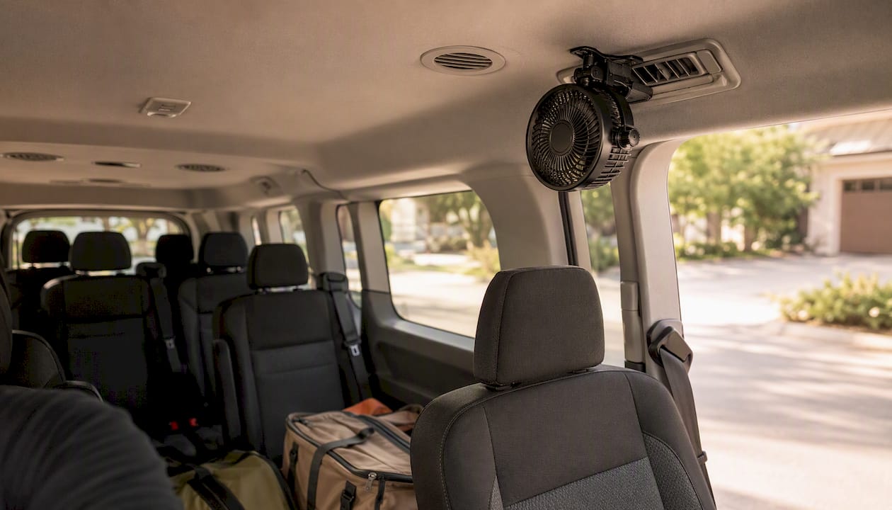 12V fan mounted inside van roof