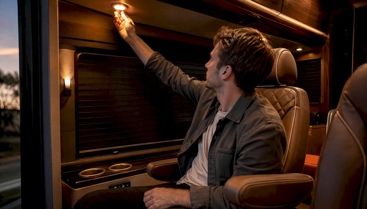 Passenger adjusting reading light in van conversion interior