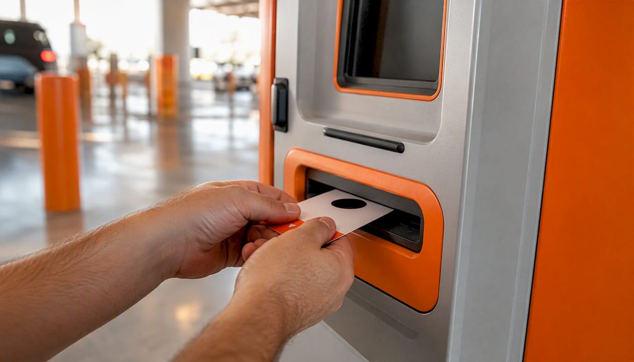 Hands returning Visitor Toll Pass at vending machine